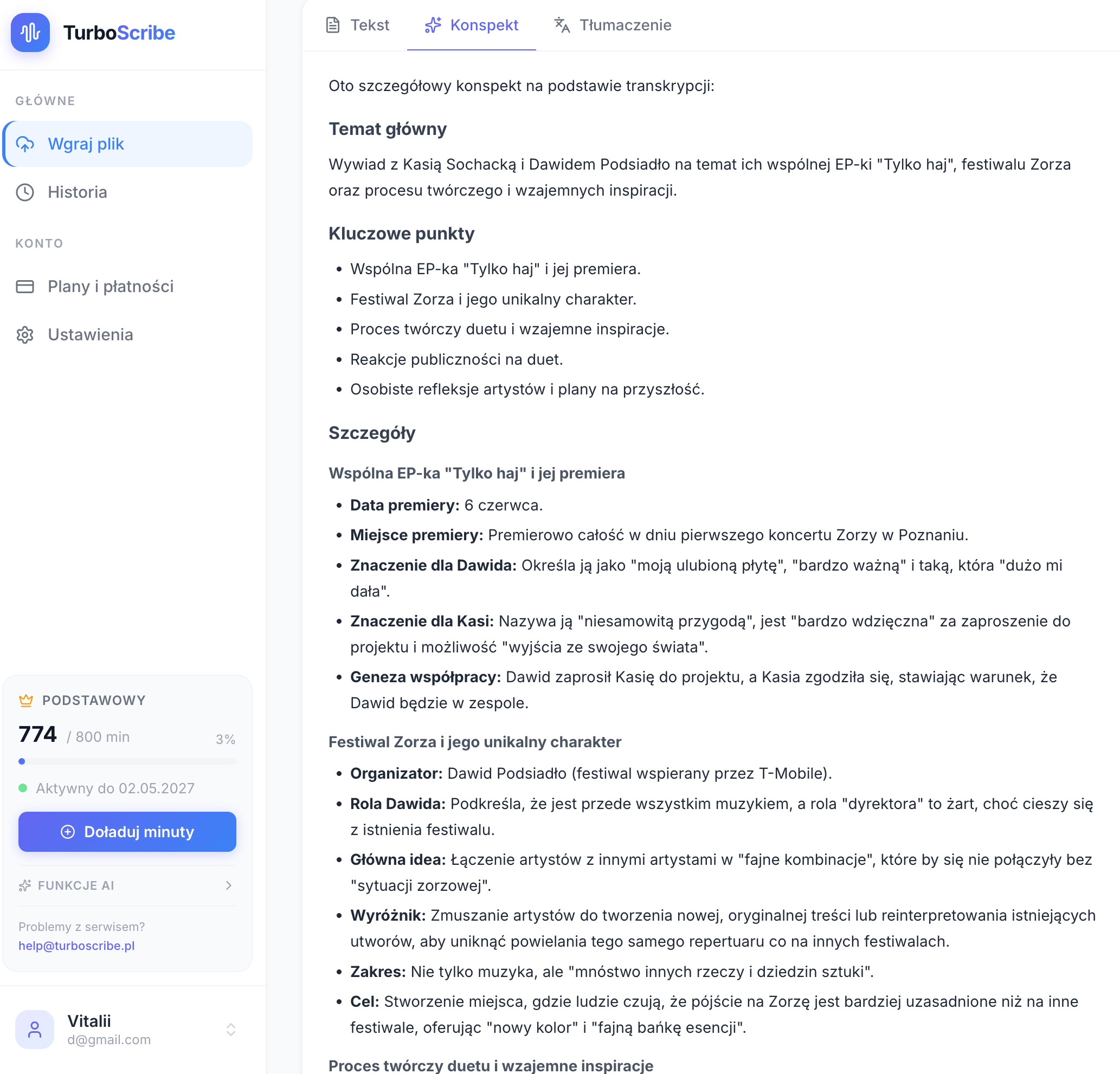 Panel TurboScribe — konspekt AI z YouTube
