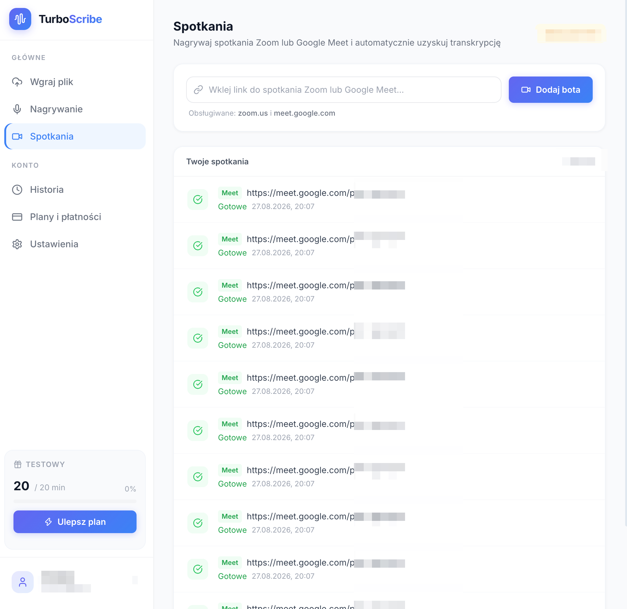 Panel TurboScribe — nagrywanie spotkań Google Meet